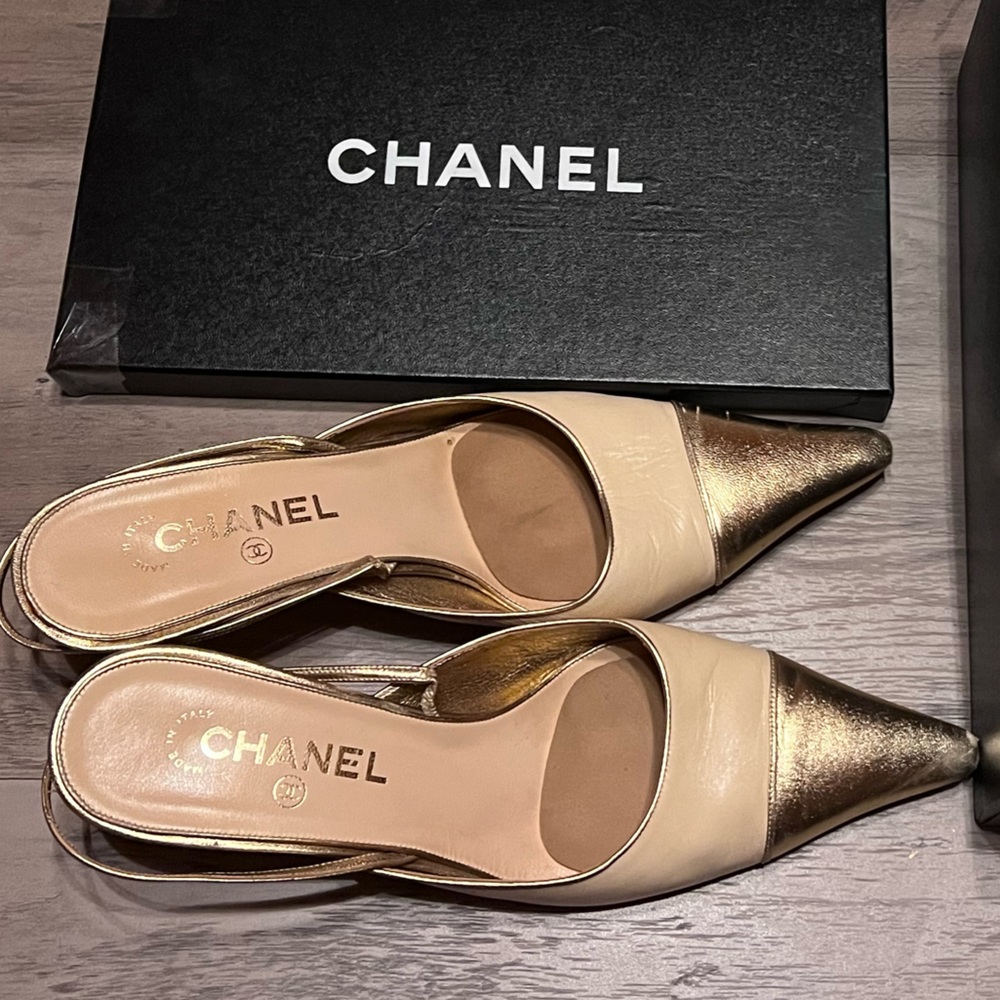 Chanel nude/gold sling backs size ten or EU 40 with two inch kitten heel